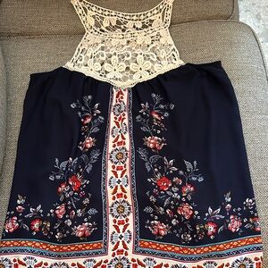 Jolt Navy, Gray, Cream Floral Lace Detail Tank Top, Size Medium